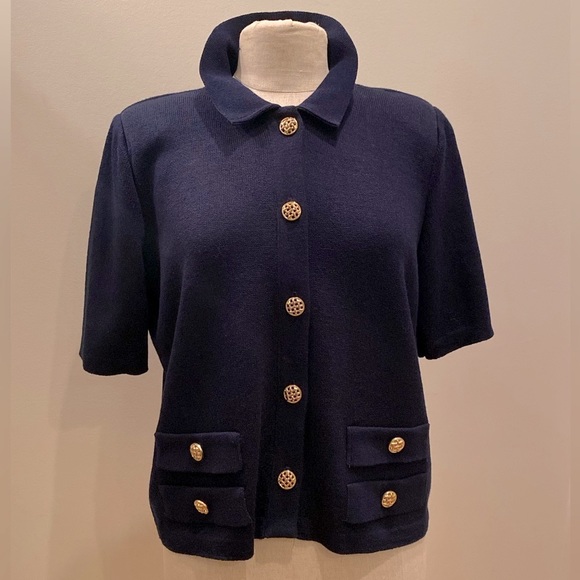 Mita Vintage Womens Navy Short Sleeve Knit Top Blazer w gold Buttons / Size 14 - Picture 1 of 9